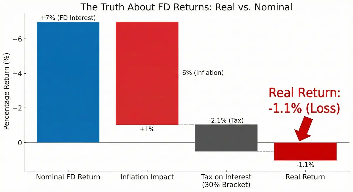 Chart comparing nominal returns vs real returns after inflation adjustment