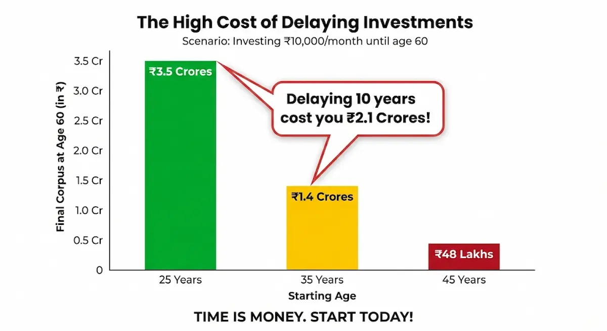 Bar graph comparing corpus accumulated by starting at age 25, 35, and 45
