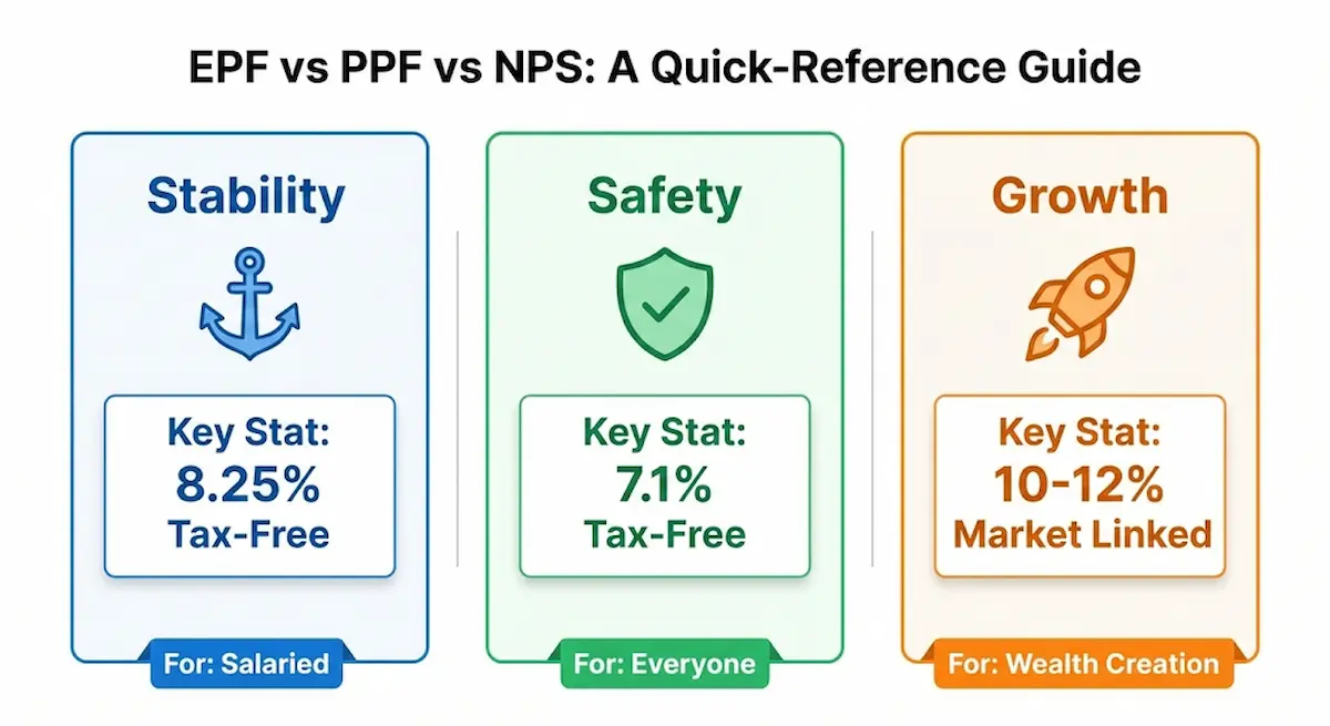 Comparison chart showing features of EPF, PPF, and NPS as the three pillars of retirement planning