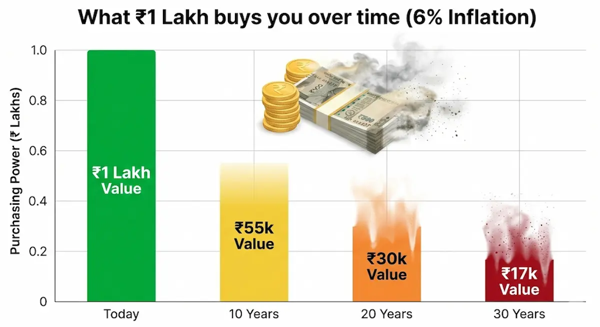 Bar chart showing purchasing power of 1 Lakh rupees eroding over 30 years due to inflation
