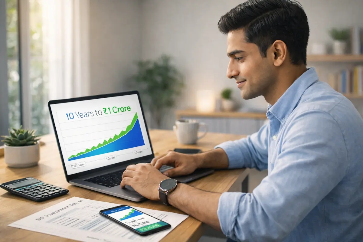Professional Indian investor analyzing aggressive SIP mutual fund portfolio on laptop showing 10-year wealth growth projection chart reaching 1 crore target | SIP Investment Strategy 2026