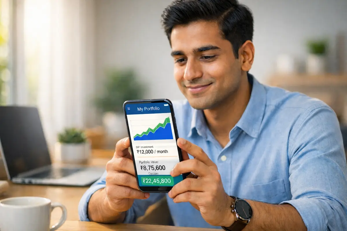 Young Indian investor reviewing SIP mutual fund portfolio on smartphone showing wealth growth chart | SIP Investment Guide 2026