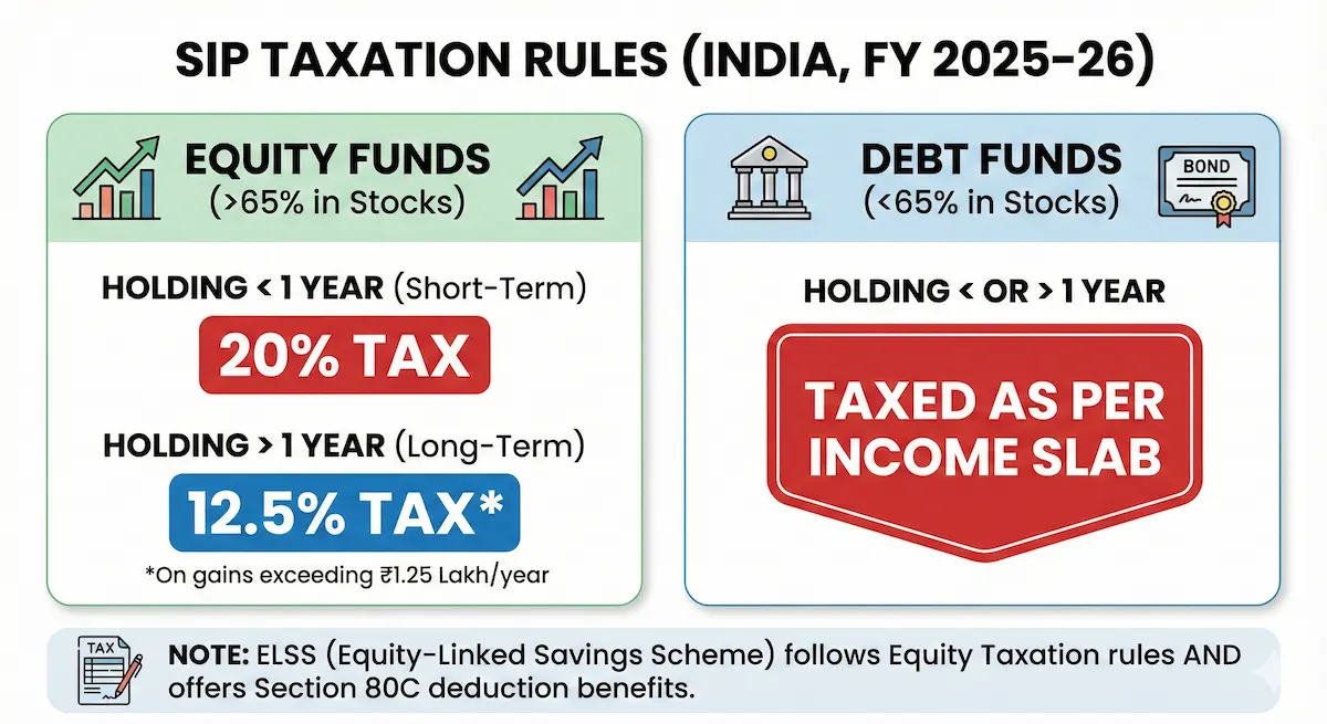 Infographic explaining SIP taxation rules for equity and debt funds